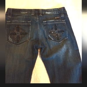Miss Me 29 Mid-Rise Jeans Black Embellishments & Gray Embroidery